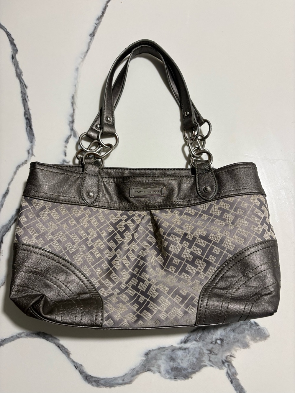 Y2k Tommy Hilfiger Metallic Gray Logo Shoulder Bag